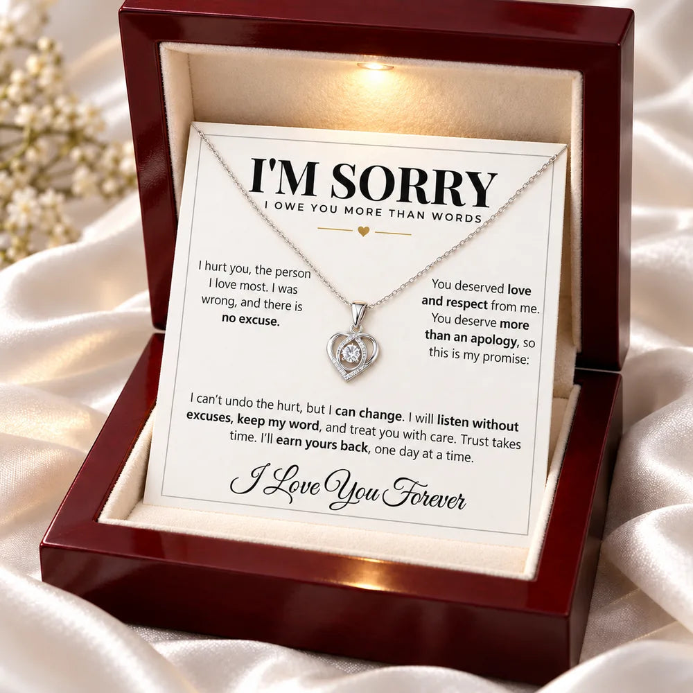 Heart apology necklace in a lit mahogany LED gift box with an "I'm Sorry" message card