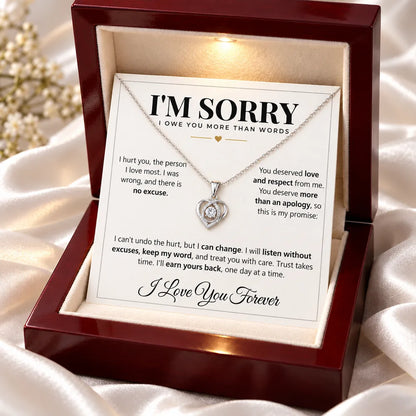 Heart apology necklace in a lit mahogany LED gift box with an "I'm Sorry" message card