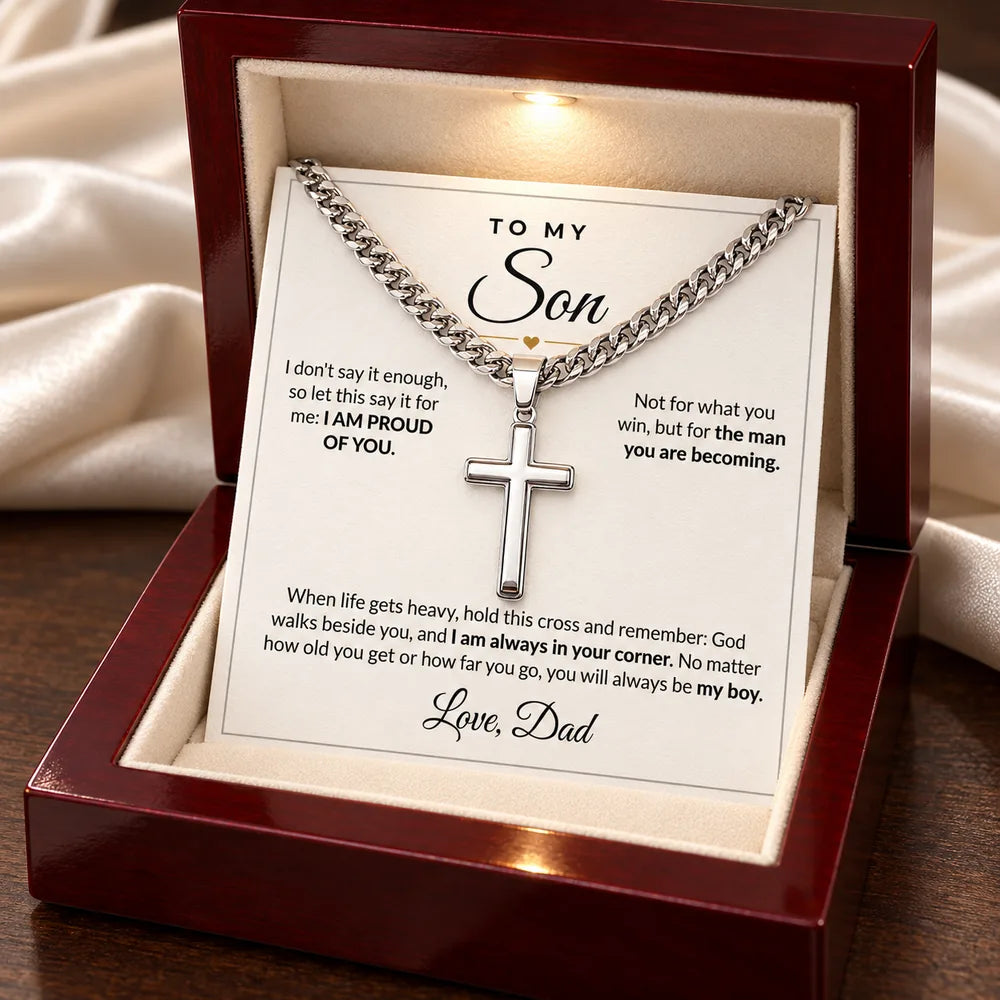 To My Son cross necklace on Cuban chain in luxury LED mahogany box, Dad card