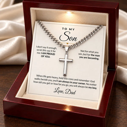 To My Son cross necklace on Cuban chain in luxury LED mahogany box, Dad card