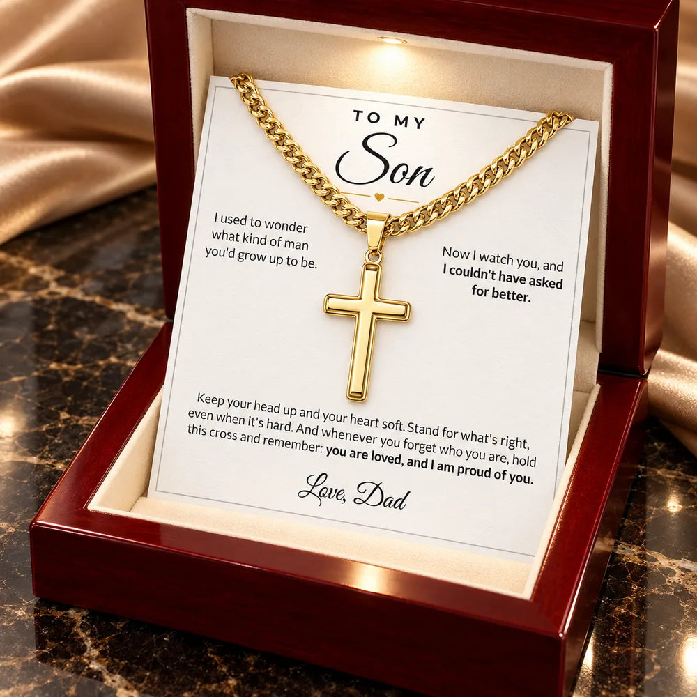 14K yellow gold finish cross necklace in luxury LED box, Dad card