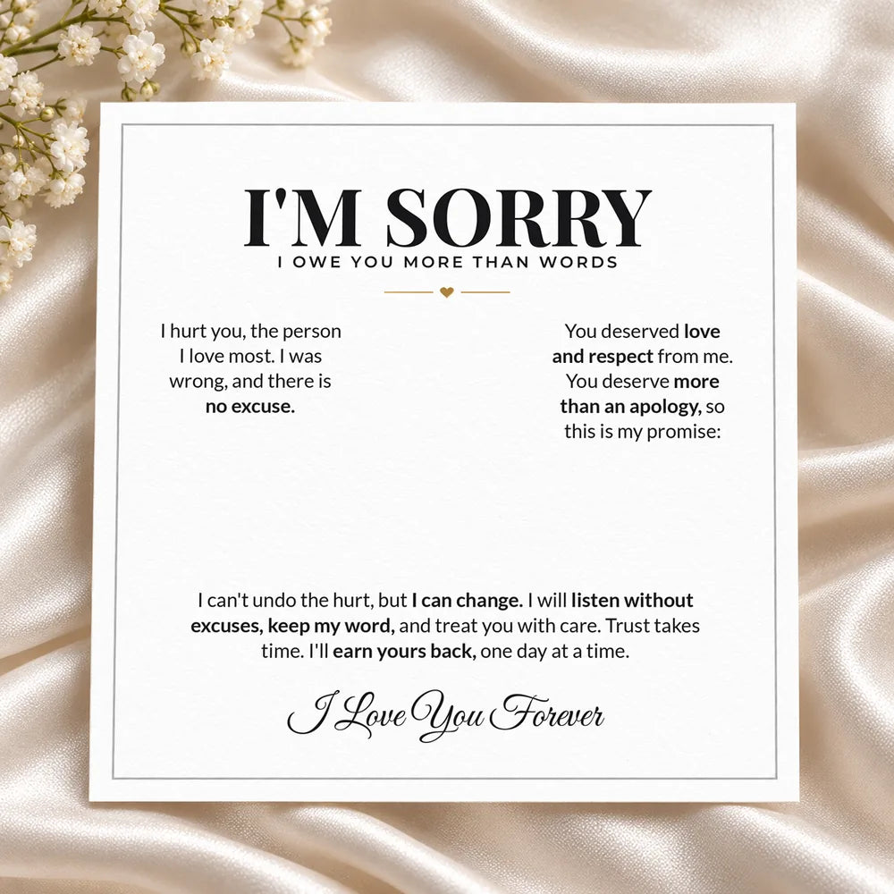 "I'm Sorry, I owe you more than words" apology message card with heart necklace