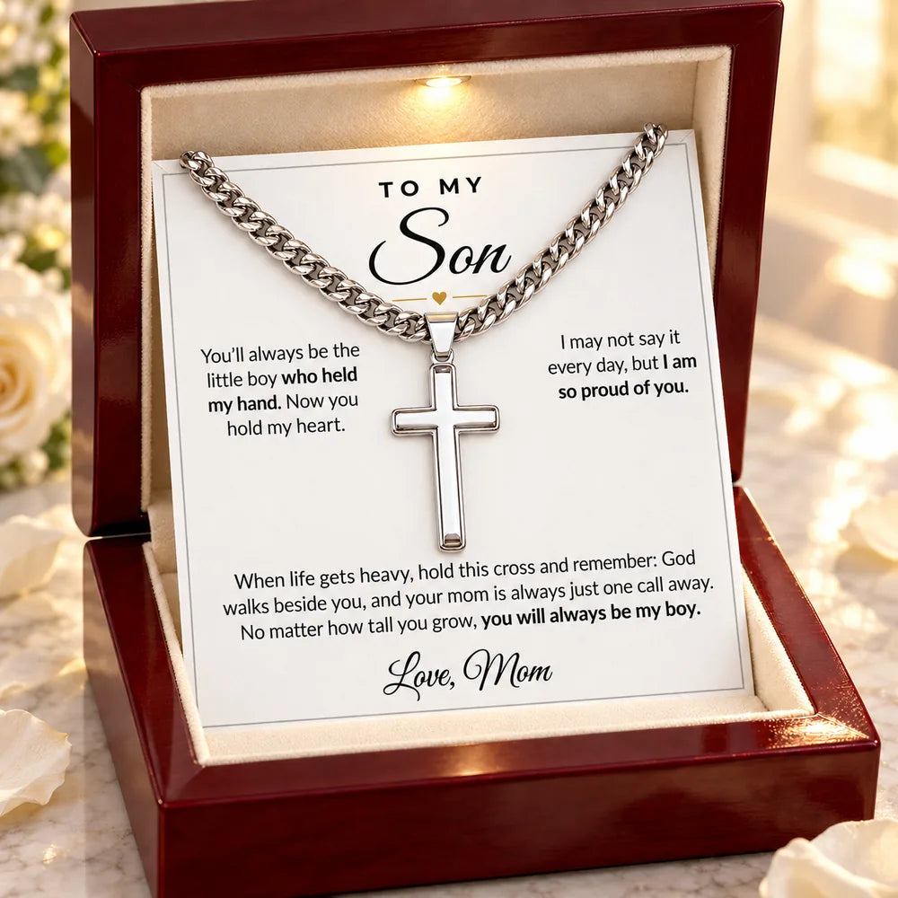 To My Son cross necklace in luxury LED box, Mom card