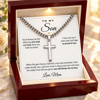 To My Son cross necklace in luxury LED box, Mom card