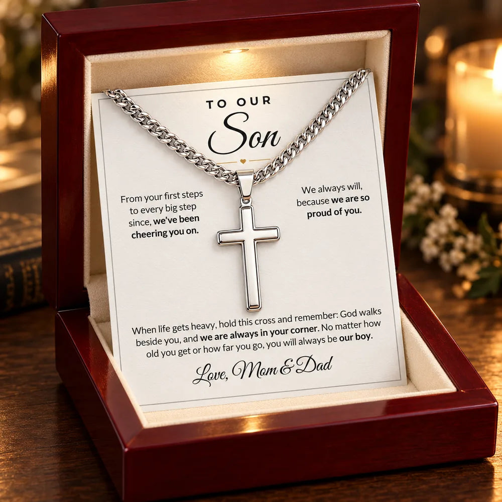 To Our Son cross necklace in luxury LED box, Mom and Dad card