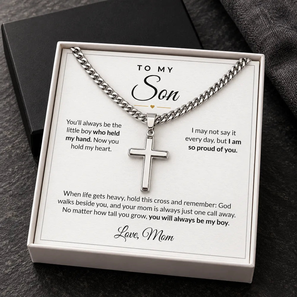 Stainless steel cross necklace in standard box, Mom card