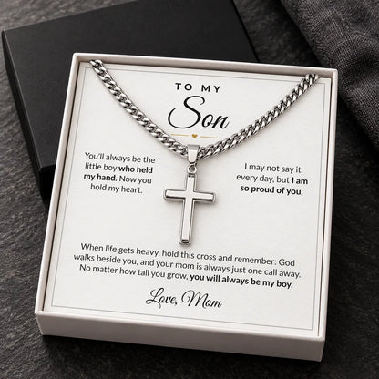 Stainless steel cross necklace in standard box, Mom card