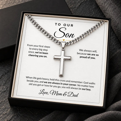 Stainless steel cross necklace in standard box, Mom and Dad card
