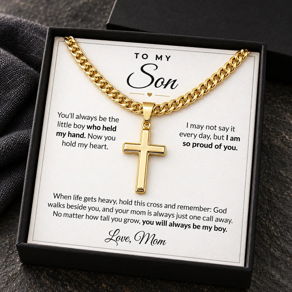 14K gold finish cross necklace in standard box, Mom card