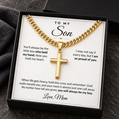 14K gold finish cross necklace in standard box, Mom card
