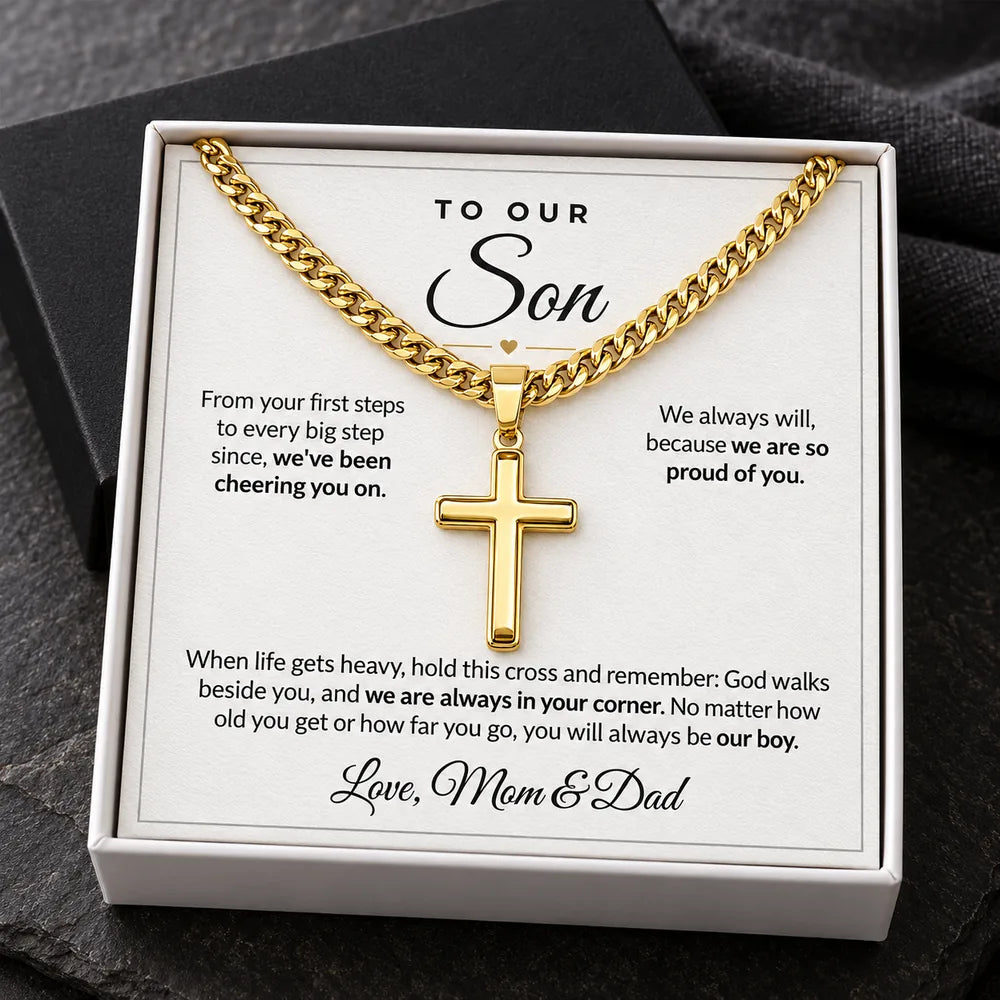14K gold finish cross necklace in standard box, Mom and Dad card