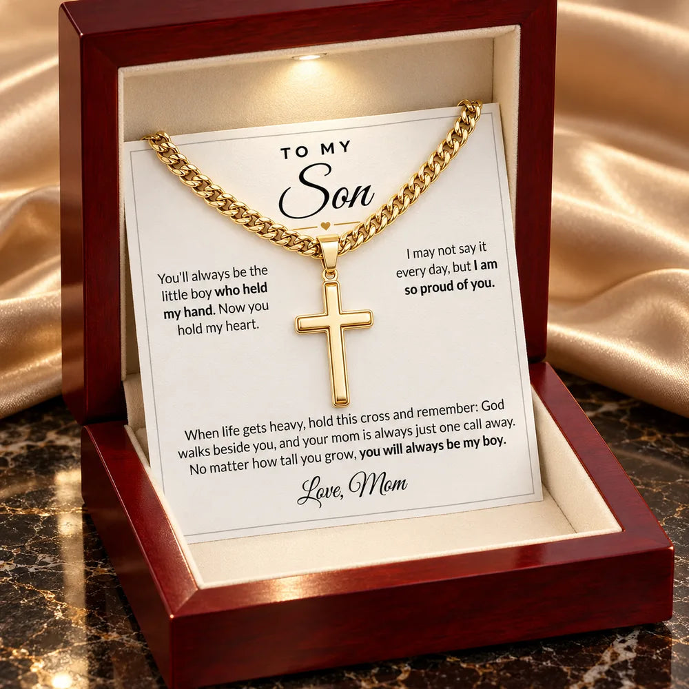 14K gold finish cross necklace in luxury LED box, Mom card