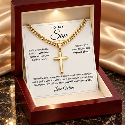 14K gold finish cross necklace in luxury LED box, Mom card