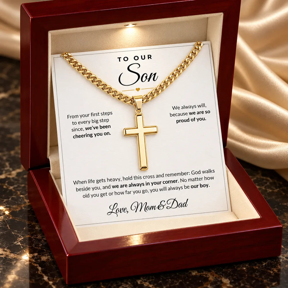 14K gold finish cross necklace in luxury LED box, Mom and Dad card