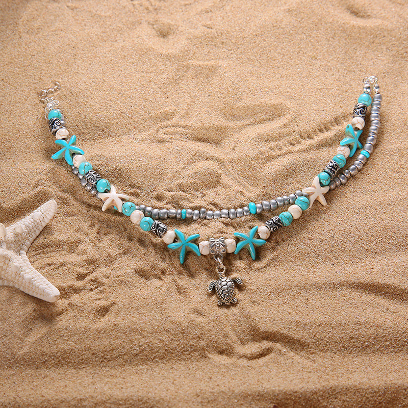 Turquoise Sea Turtle & Starfish Charm Anklet