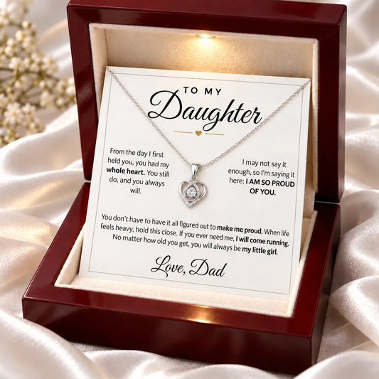 To My Daughter heart necklace in a lit mahogany LED gift box with a message card from Dad