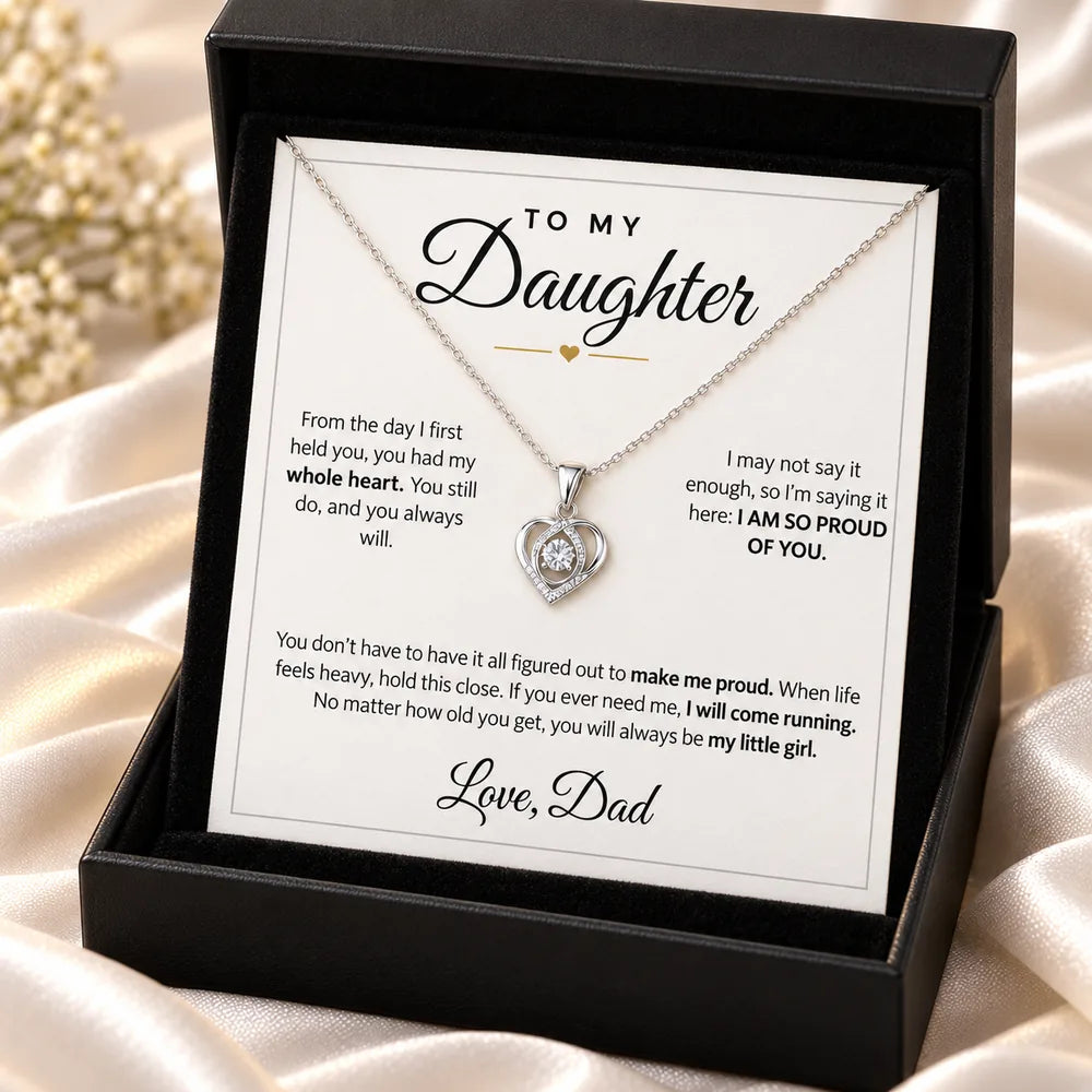 To My Daughter heart necklace in a black gift box with a message card from Dad