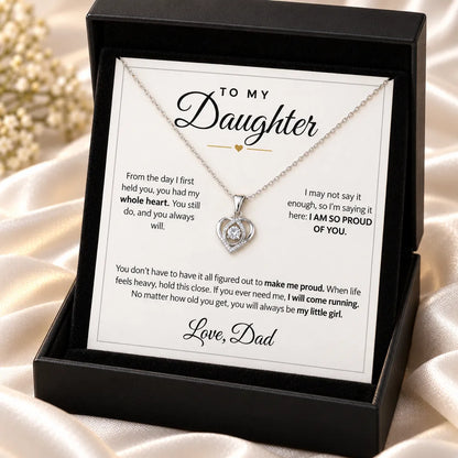 To My Daughter heart necklace in a black gift box with a message card from Dad