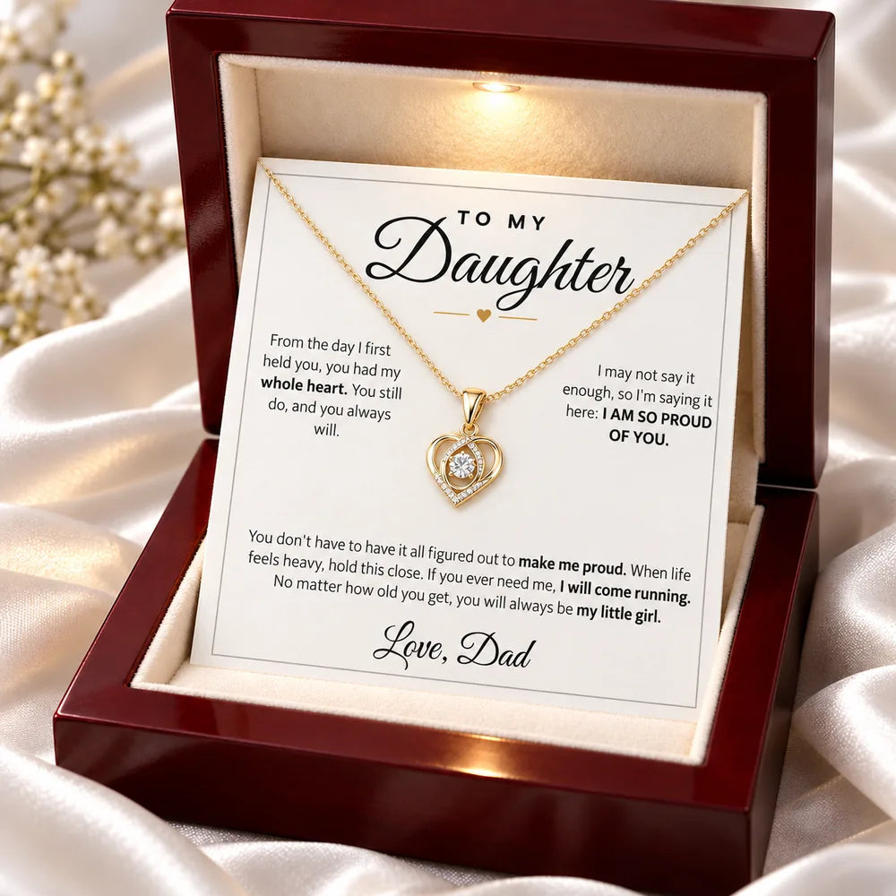 18k yellow gold heart necklace on the To My Daughter card in a mahogany LED box