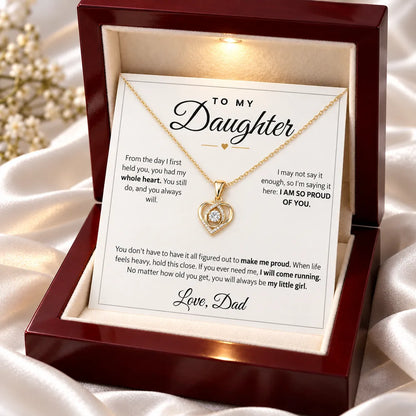 18k yellow gold heart necklace on the To My Daughter card in a mahogany LED box