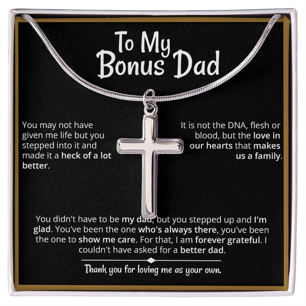 Heart warming "Bonus Dad" Cross Necklace