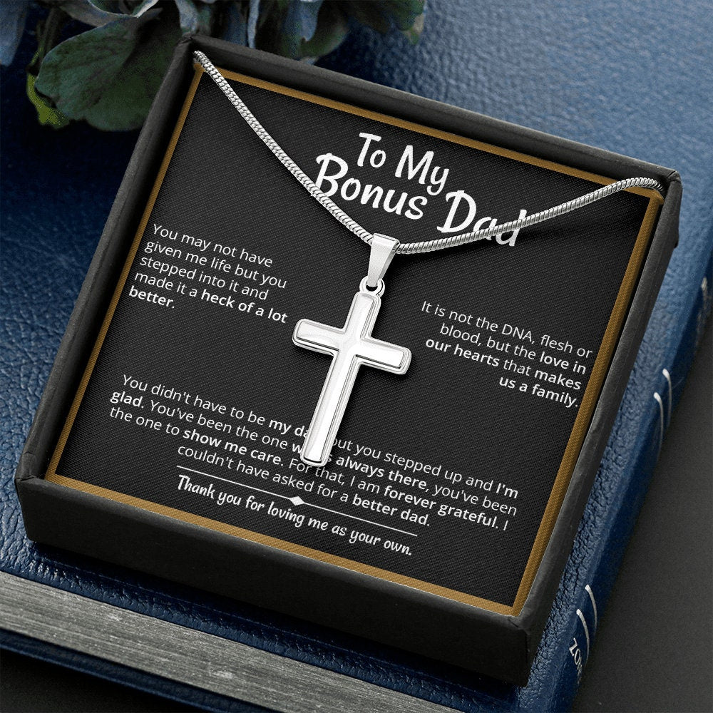 Heart warming "Bonus Dad" Cross Necklace